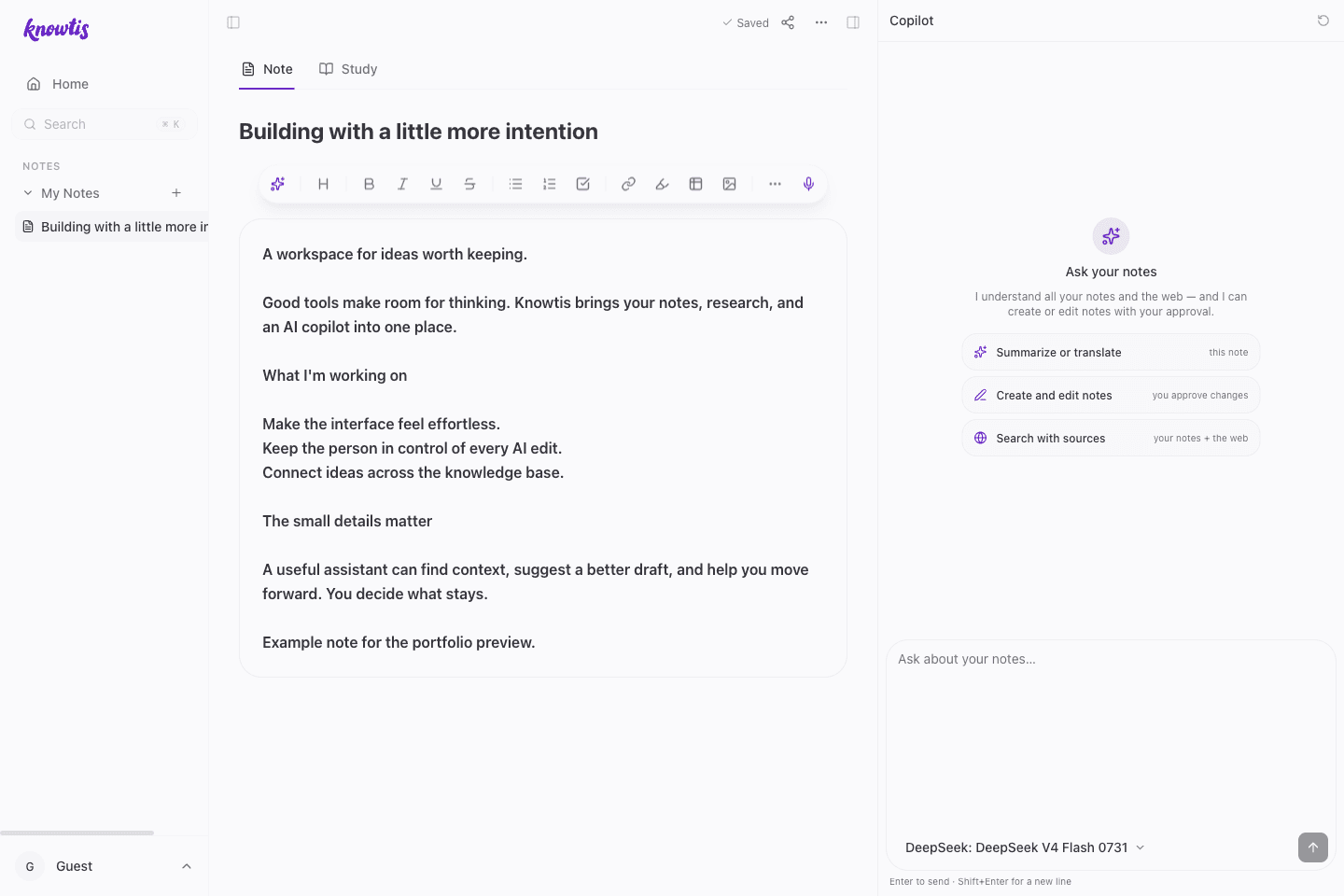 Knowtis editor and AI copilot, showing an example note